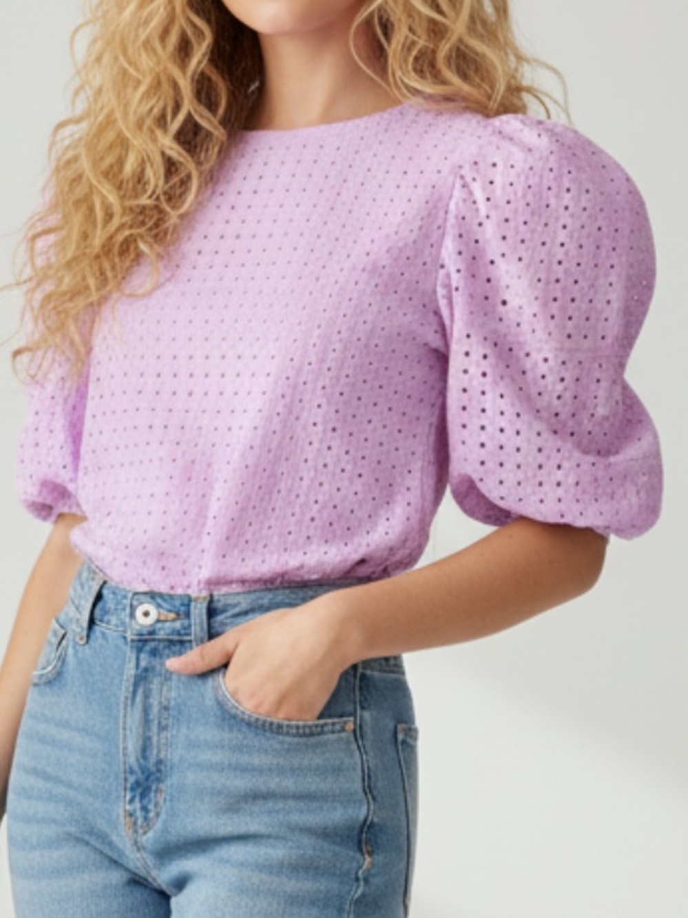 Women's lavender Puff Sleeve Eyelet Top